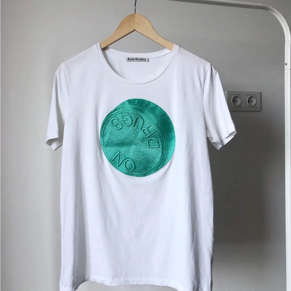 Acne White and Green Short Sleeve Tee with Graphic Design- Authentic